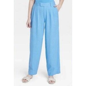 A New Day Sky Blue High Rise Linen Blend Wide Leg Pants Stretchy Women's SIZE 10